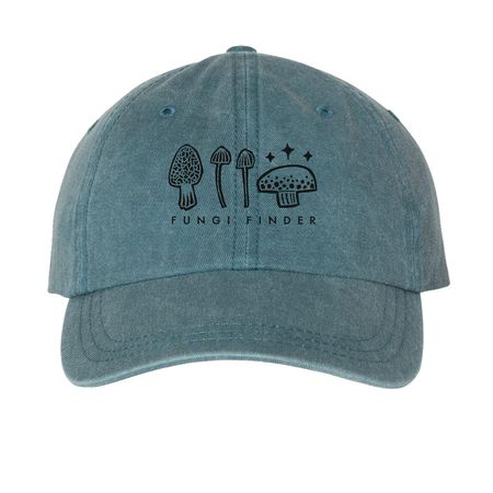 Fungi Finder Hats for MN Native Plants, a Teal Printed Pigment Dye Baseball Cap