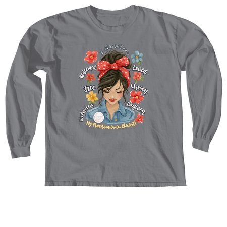 She Is FREE in Christ!, a Granite Comfort Colors Long Sleeve Tee