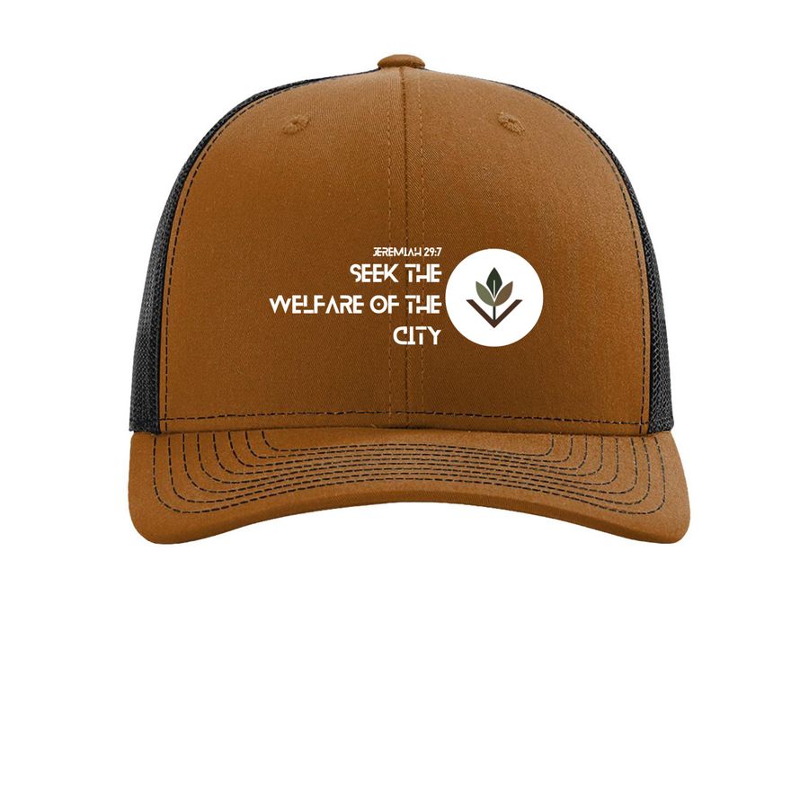 South Side Caps, a Carmel/ Black Printed Snapback Trucker Cap