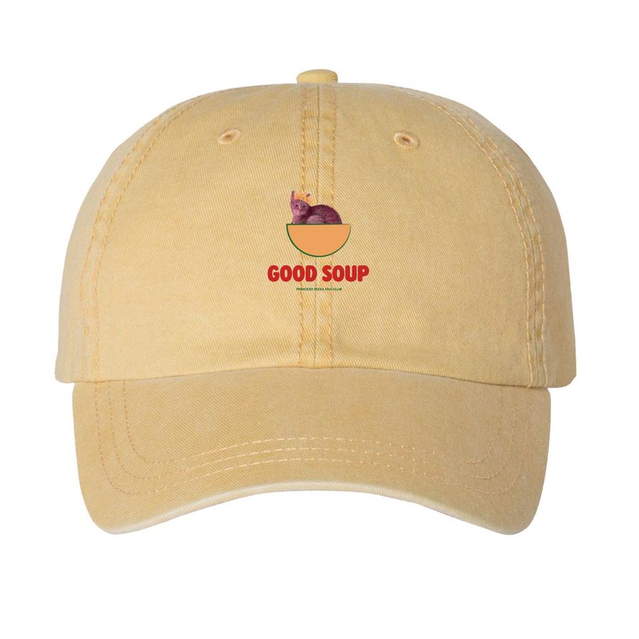 Good Soup Hat, a Mustard Printed Pigment Dye Baseball Cap