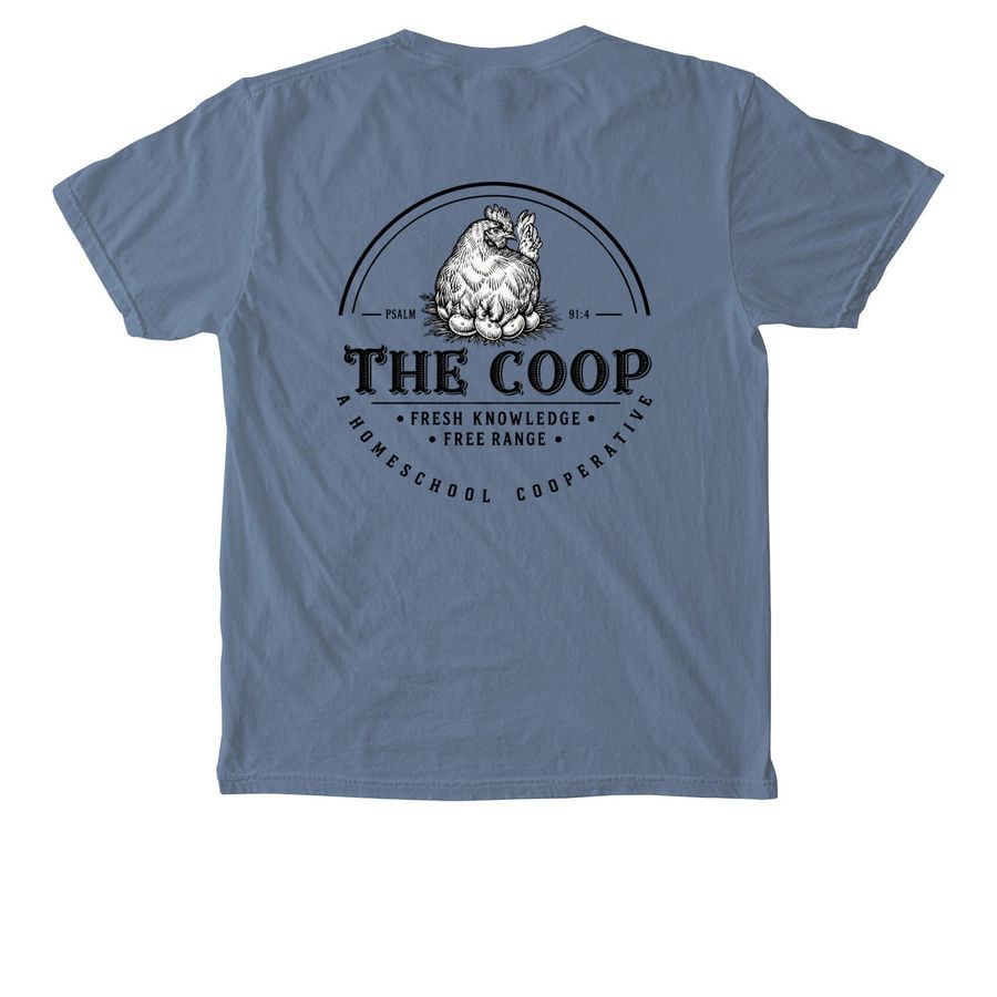 The Coop Homeschool Co-Op Adult T-Shirt, a Blue Jean Comfort Colors Pocket Tee (back-view)