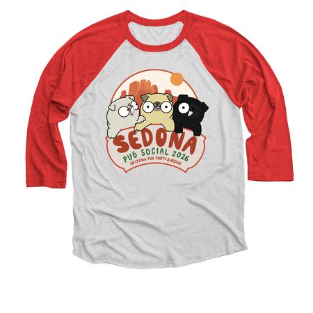 Sedona Pug Social 2026, a Red and Heather White 3/4 Sleeve Baseball Tee