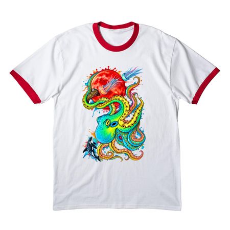 One of a kind octopus, a White/ Red Cotton Ringer Tee