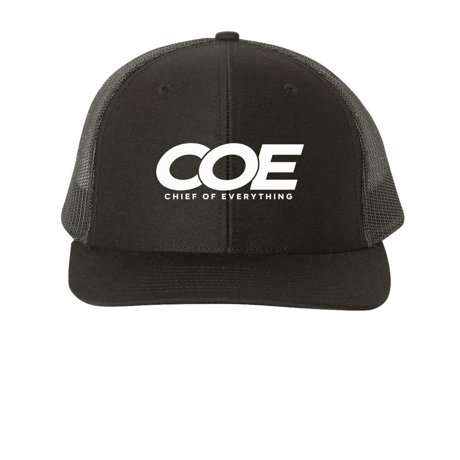 The COE Hat, a Black Printed Snapback Trucker Cap