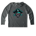 SF Front / Pirate Back Performance, a Dark Smoke Grey UV Performance Long Sleeve Hoodie (back-view)