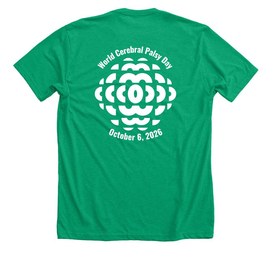 2026 World CP Day T-Shirt ? Double Logo, a Heather Kelly Premium Unisex Tee (back-view)