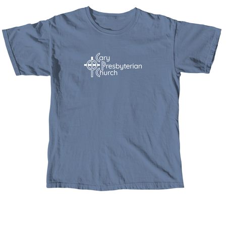 CPC logo front / Micah 6:8 back, a Blue Jean Comfort Colors Unisex Tee