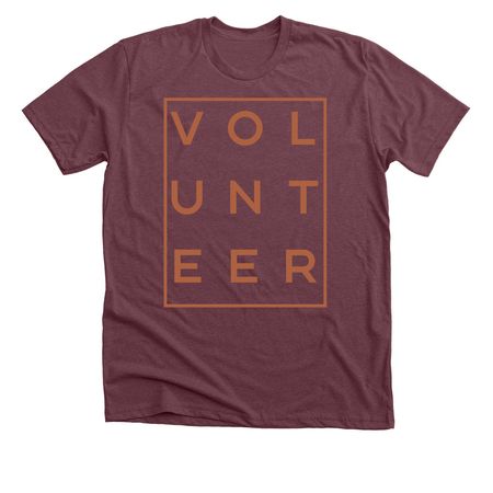 "Volunteer" Orange Font, a Heather Maroon Premium Unisex Tee