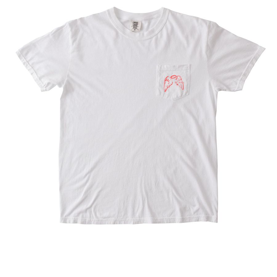 No cap, a White Comfort Colors Pocket Tee