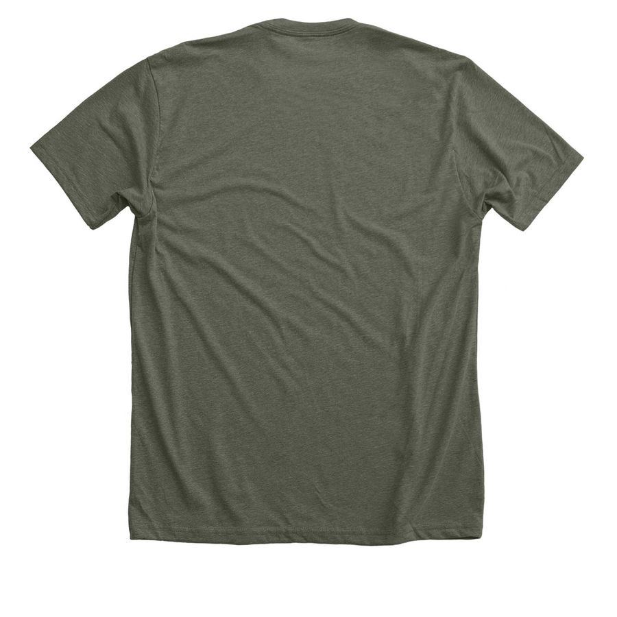 Raised by the Land, a Heather Military Green Premium Unisex Tee (back-view)