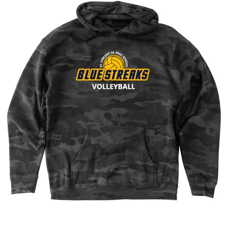 STV Blue Streak Volleyball, a Black Camo Heavyweight Camo Pullover Hoodie