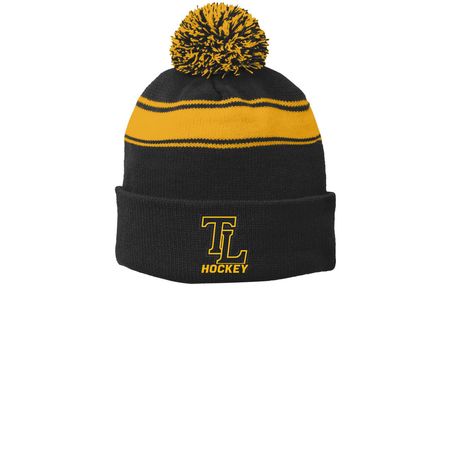 TLHockey Beanie, a Black/ Gold Printed Stripe Pom-Pom Beanie