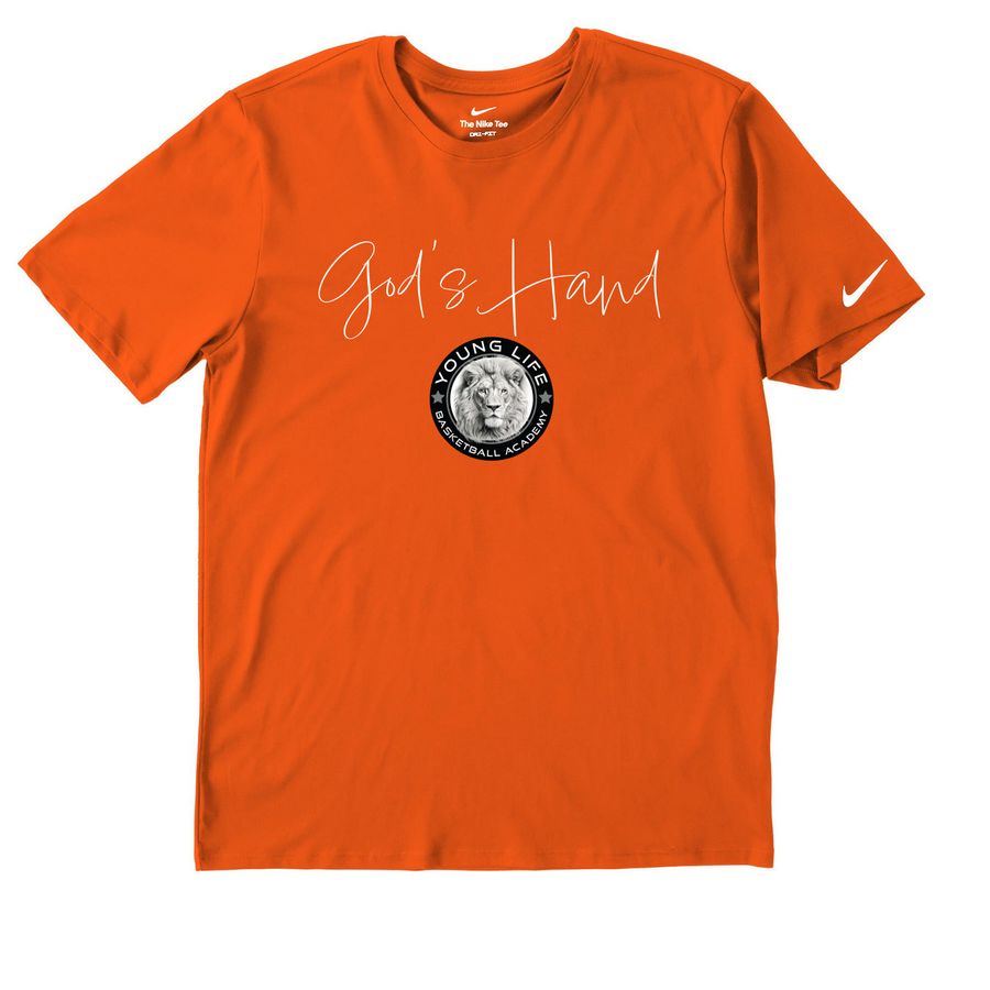 God's Hand, a Brilliant Orange Nike Dri-FIT Jersey Blend Performance Tee
