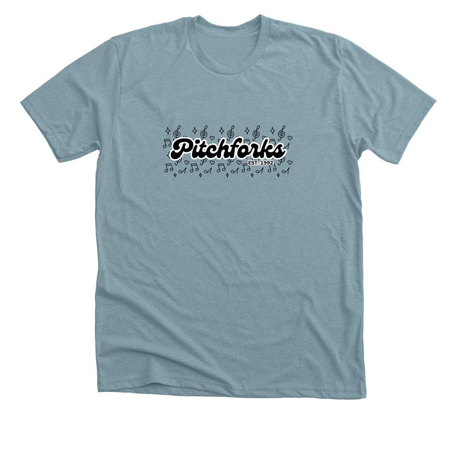 Pitchforks Spring '26 Black Logo, a Heather Blue Lagoon Premium Unisex Tee