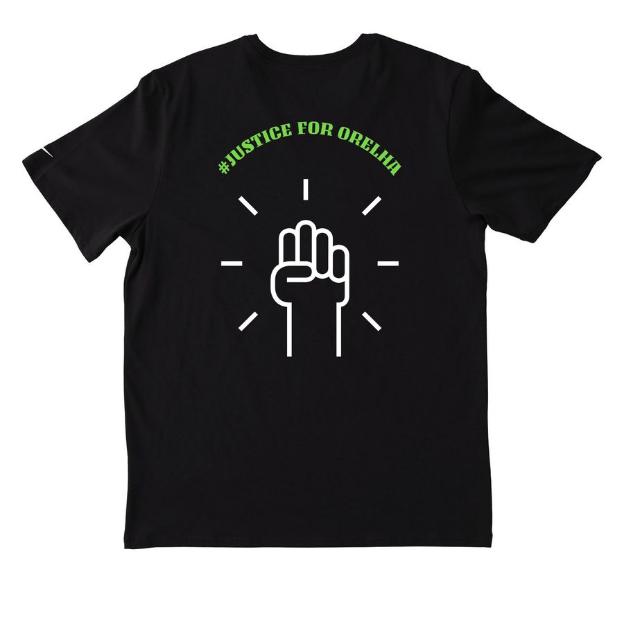 Nike-NEW # JUSTICE FOR ORELHA&nbsp;, a Black Nike Dri-FIT Jersey Blend Performance Tee (back-view)