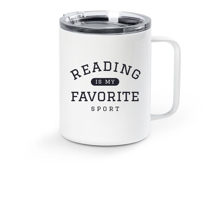 Reading on the Sidelines, a White Stainless Steel Travel Mug