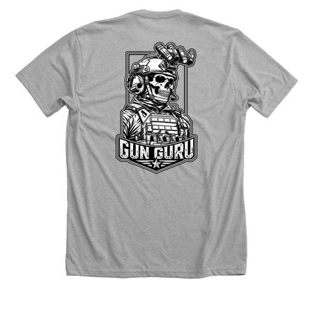 Gun Guru Shirt, a Athletic Heather Premium Unisex Tee (back-view)