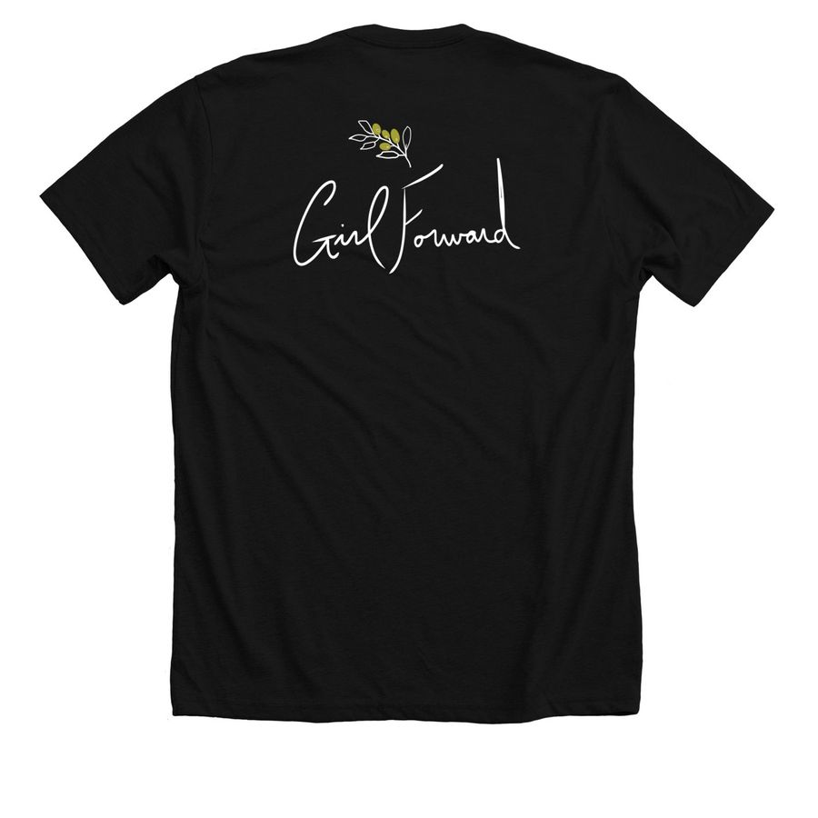 "Refugees Welcome Here", a Solid Black Blend Premium Unisex Tee (back-view)