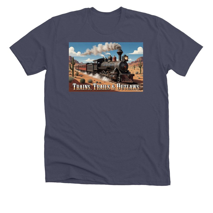 Trains Trails and Outlaws, a Heather Midnight Navy Premium Unisex Tee