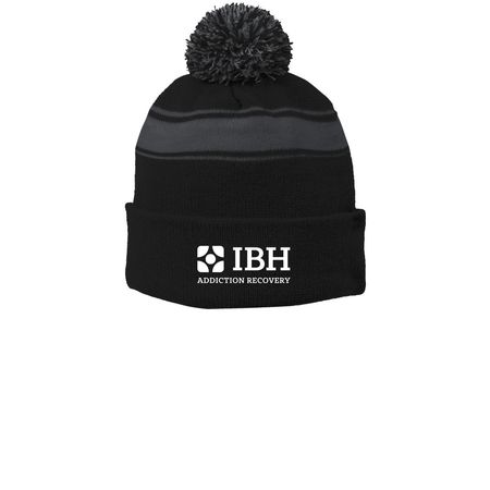Logo Winter Hats, a Black/ Iron Grey Printed Stripe Pom-Pom Beanie