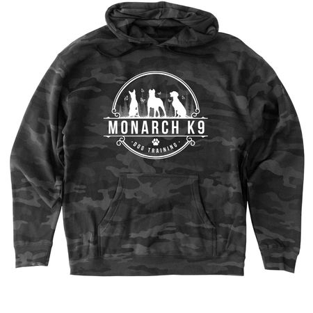 Monarch K9 - White Logo, a Black Camo Heavyweight Camo Pullover Hoodie