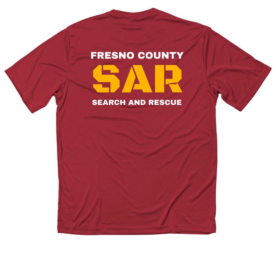 Fresno County Search and Rescue, a True Red Classic Performance Tee (back-view)