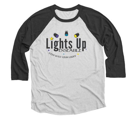 Lights Up Ensemble Logo Collection, a Black and Heather White 3/4 Sleeve Baseball Tee