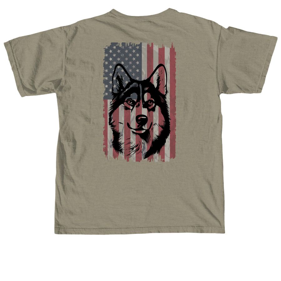 TXHR - American Flag Husky, a Sandstone Comfort Colors Unisex Tee (back-view)
