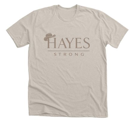 Light colored adult/youth with taupe writing., a Heather Dust Premium Unisex Tee