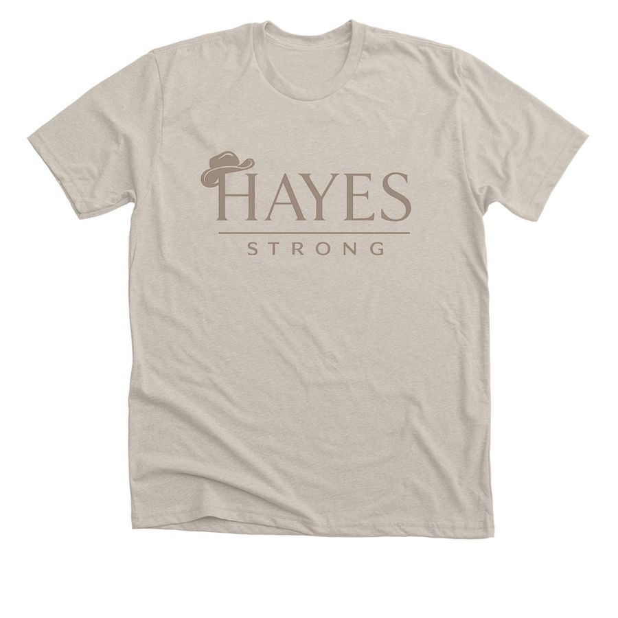 Light colored adult/youth with taupe writing., a Heather Dust Premium Unisex Tee