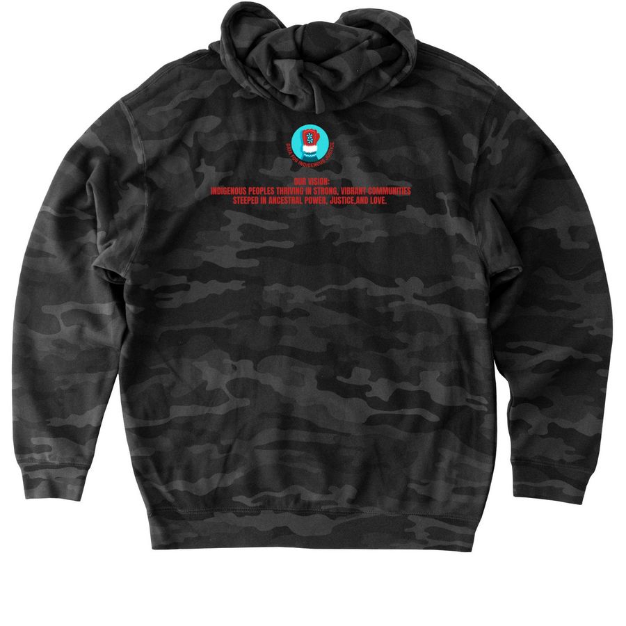 Red Dress Design by Dustin Newman, a Black Camo Heavyweight Camo Pullover Hoodie (back-view)
