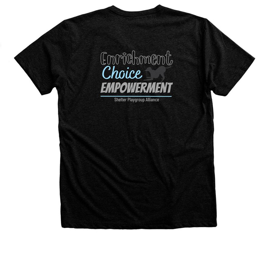 Enrichment, Choice, Empowerment, a Black Heather Premium Unisex Tee (back-view)