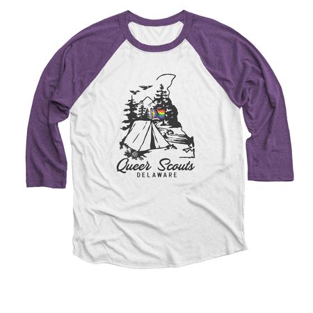 CampOUT Logo, a Purple Rush and Heather White 3/4 Sleeve Baseball Tee