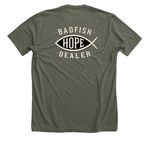 BadFish Hope Dealer, a Heather Military Green Premium Unisex Tee (back-view)