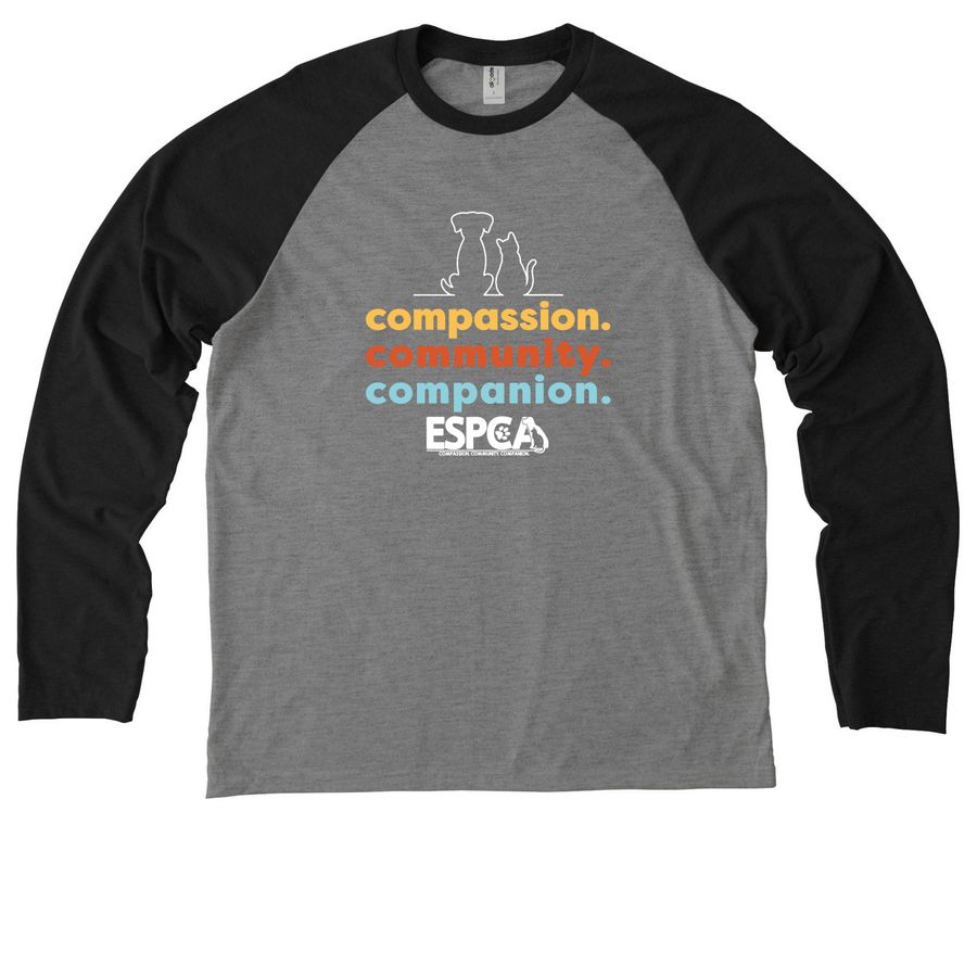 Compassion. Community. Companion., a Deep Black/ Aluminum Grey Allmade Eco Triblend Colorblock Raglan Long Sleeve Tee