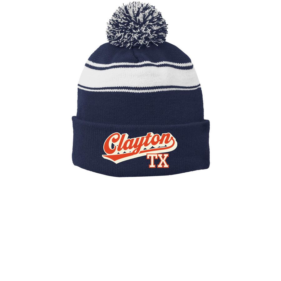 Clayton Beanie, a True Navy/ White Printed Stripe Pom-Pom Beanie