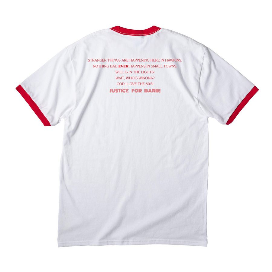 Stranger Sings! Cast Shirt, a White/ Red Cotton Ringer Tee (back-view)