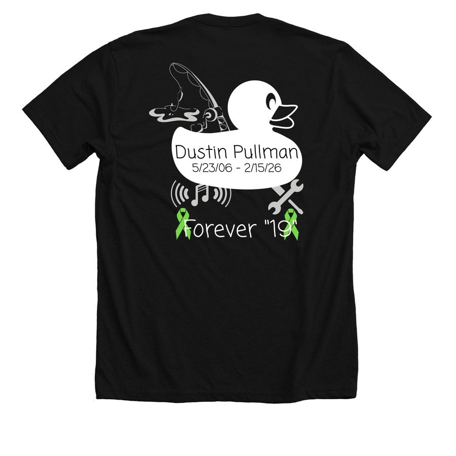 Dustin Pullman:&nbsp; "Forever 19", a Solid Black Blend Premium Unisex Tee (back-view)