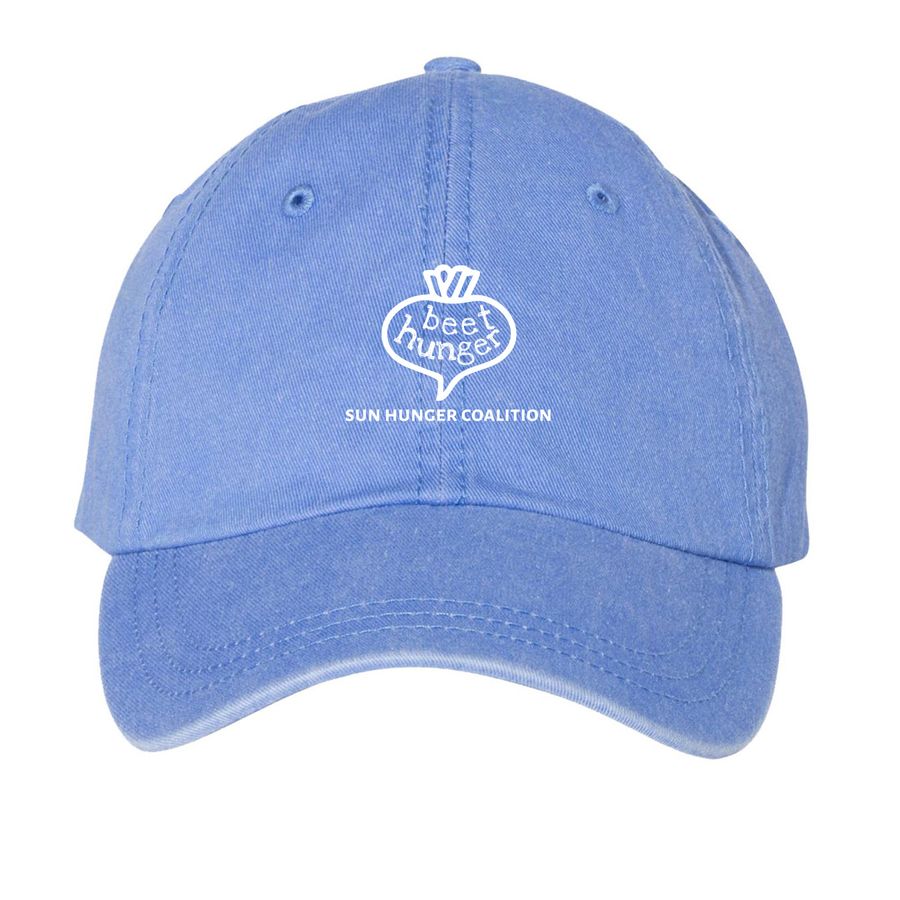 Hunger Coalition Beet Hunger Hat, a Periwinkle Printed Pigment Dye Baseball Cap