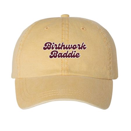 Birthwork Baddie Hat, a Mustard Printed Pigment Dye Baseball Cap