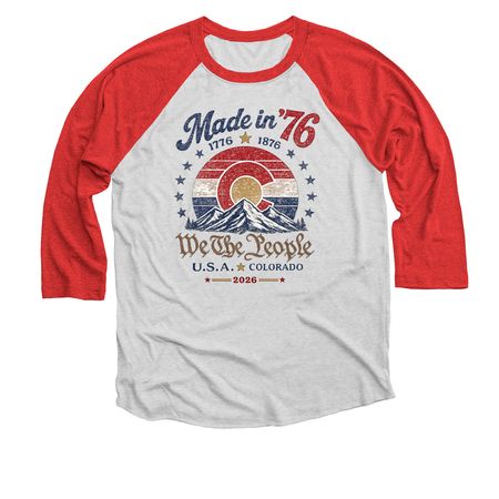 LE Made in '76 150th Anniversary Tee, a Red and Heather White 3/4 Sleeve Baseball Tee