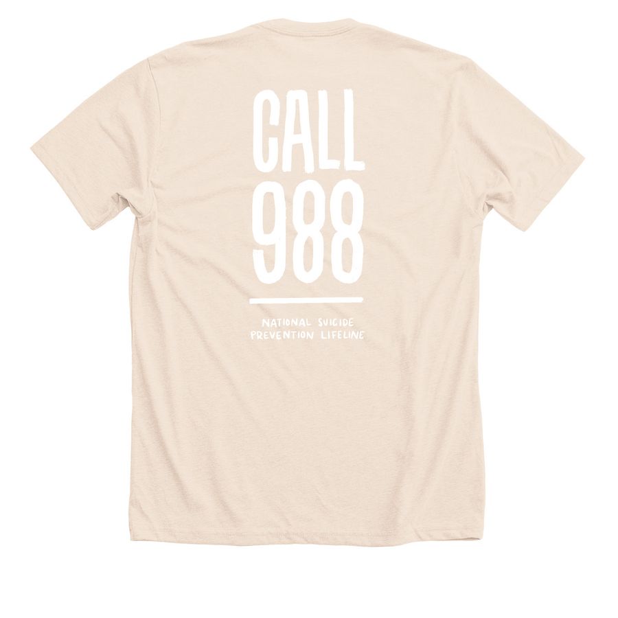 White - I'm so glad you're alive - CALL 988&nbsp;, a Heather Soft Cream Premium Unisex Tee (back-view)