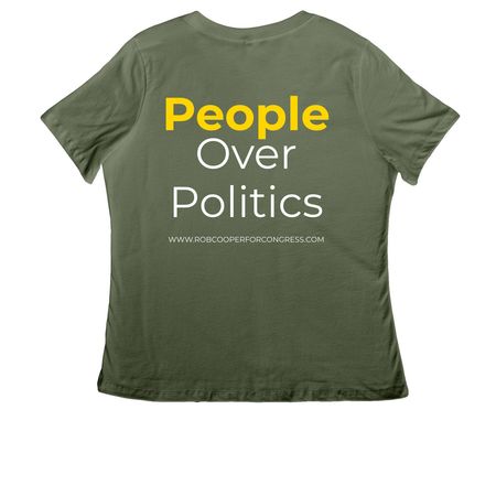 People Over Politics V-Neck Tee, a Military Green Women's Relaxed V-Neck Tee (back-view)