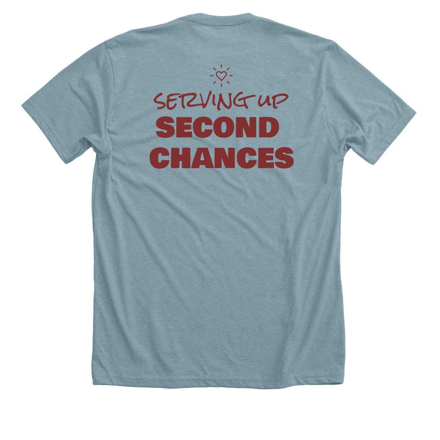 Serving up second chances, a Heather Blue Lagoon Premium Unisex Tee (back-view)