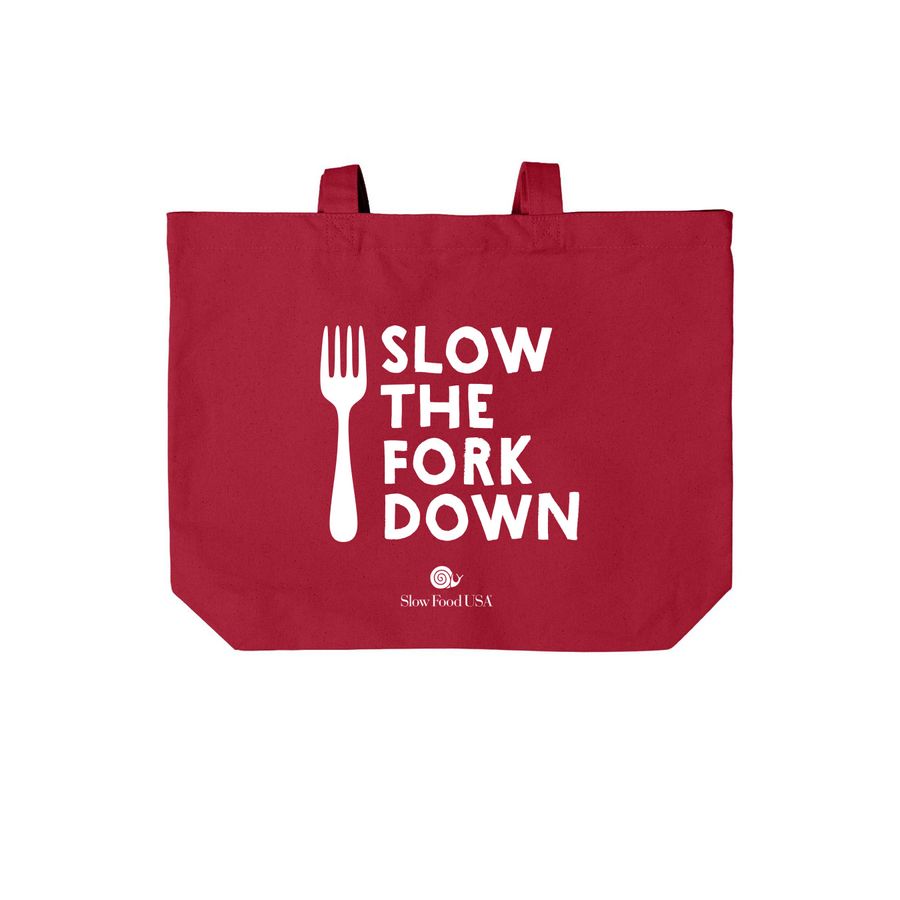 Slow the Fork Down Tote, a Deep Red Cotton Canvas Tote Bag