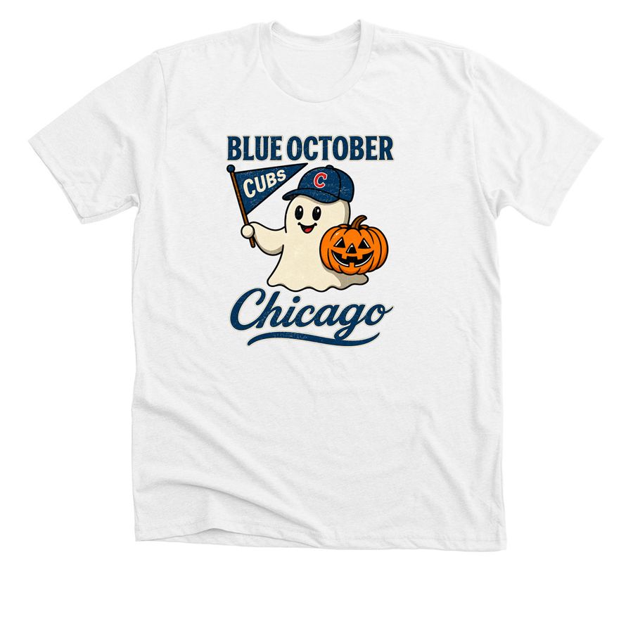 Chicago Cubs Blue October Halloween Ghost Bas, a Solid White Blend Premium Unisex Tee