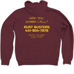 RUST BUSTERS MAROON, a Maroon Zip Up Hoodie (back-view)