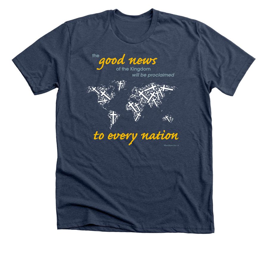 Good News to Every Nation, a Heather Navy Premium Unisex Tee