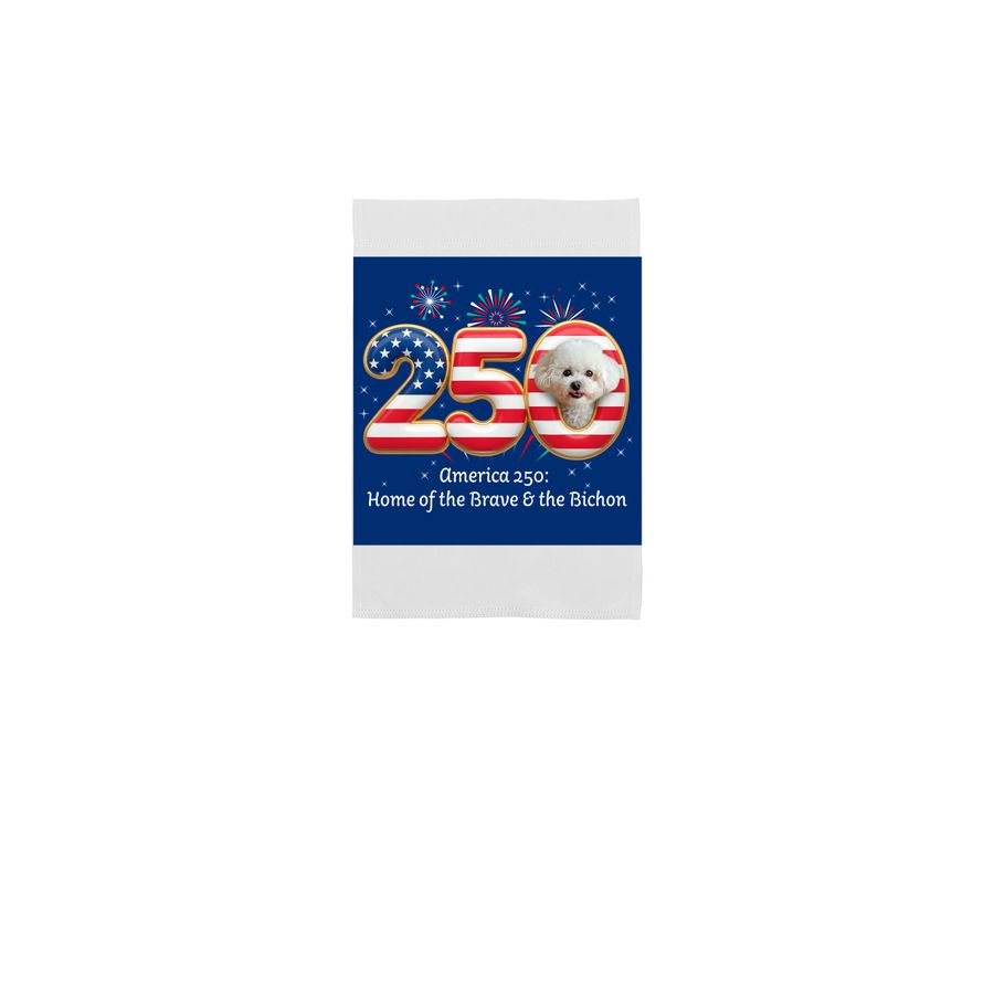 America 250: Home of the Brave & the Bichon, a White 12" x 18" Yard Flag