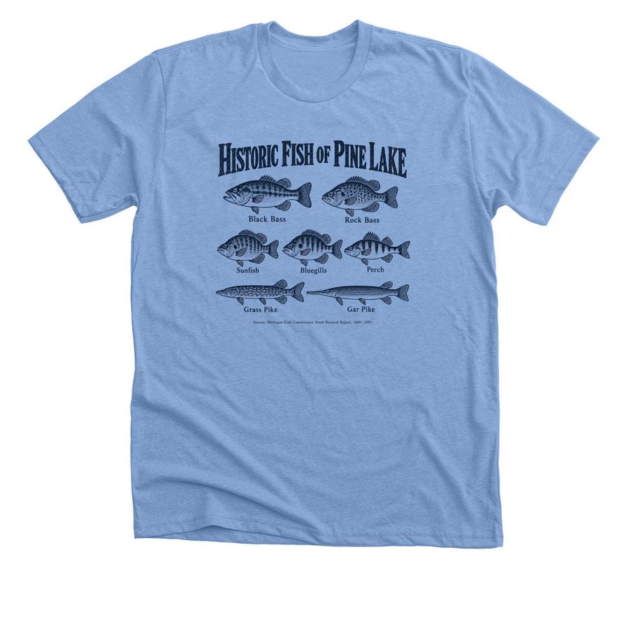 Pine Lake Historic Fish, a Heather Carolina Blue Premium Unisex Tee